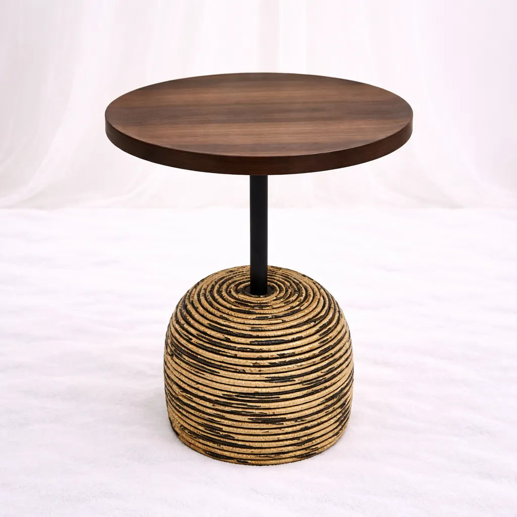 Round Rattan Side Table – Wood Top (56 cm) – Rajpoot Flower House