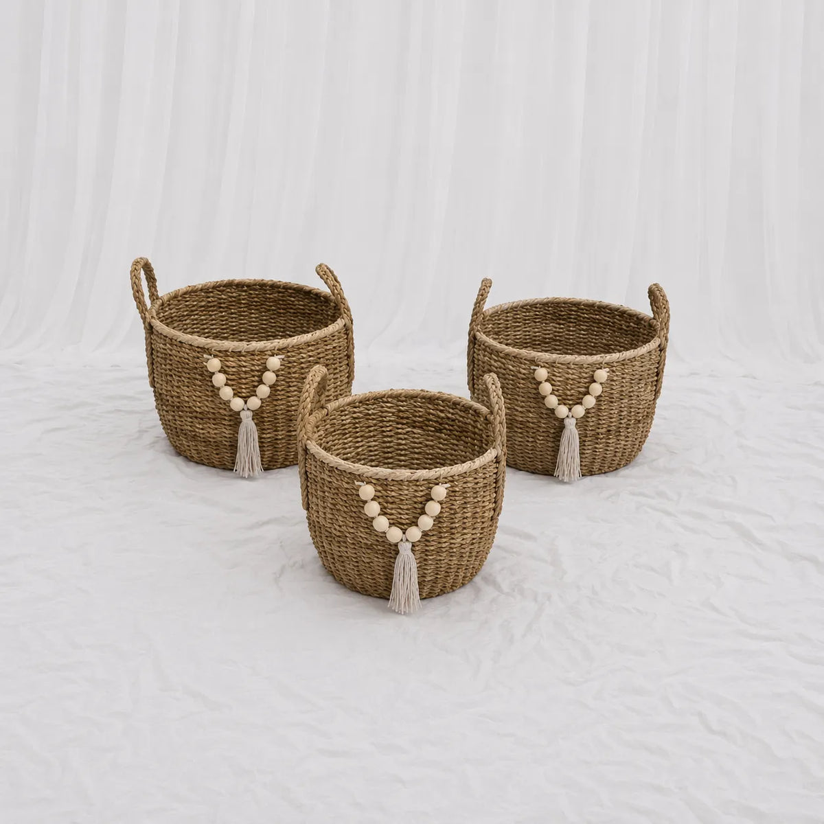 Tasselled Woven Baskets – Set of 3 (Compact) – Rajpoot Flower House