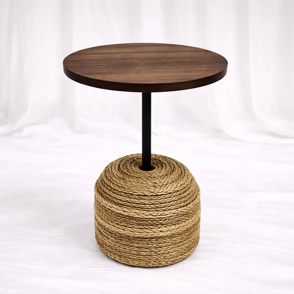 Round Rattan Side Table – Dark Wood Top (52 cm) – Rajpoot Flower House