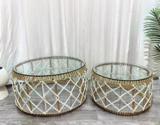 Rattan Coffee Tables with Glass Tops – Set of 2