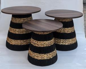 Rattan Nesting Side Tables with Wood Tops – Set of 3