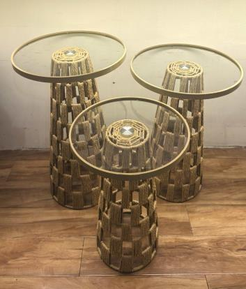 3-Tier Rattan Side Table Set with Glass Tops