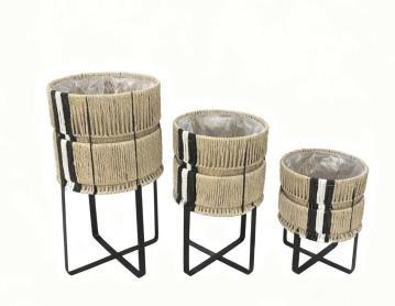 Rattan Planters on Black Metal Stands – Set of 3 (Style A)