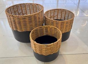 Woven Basket Planters – Natural with Black Trim, Set of 3