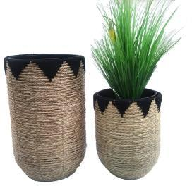 Tall Woven Floor Baskets with Chevron Trim – Set of 2