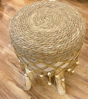 Woven Rope Accent Stool with Wooden Legs