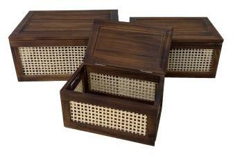 Wooden Storage Boxes with Cane Front – Set of 3