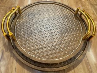Round Rattan Tray with Gold Handles