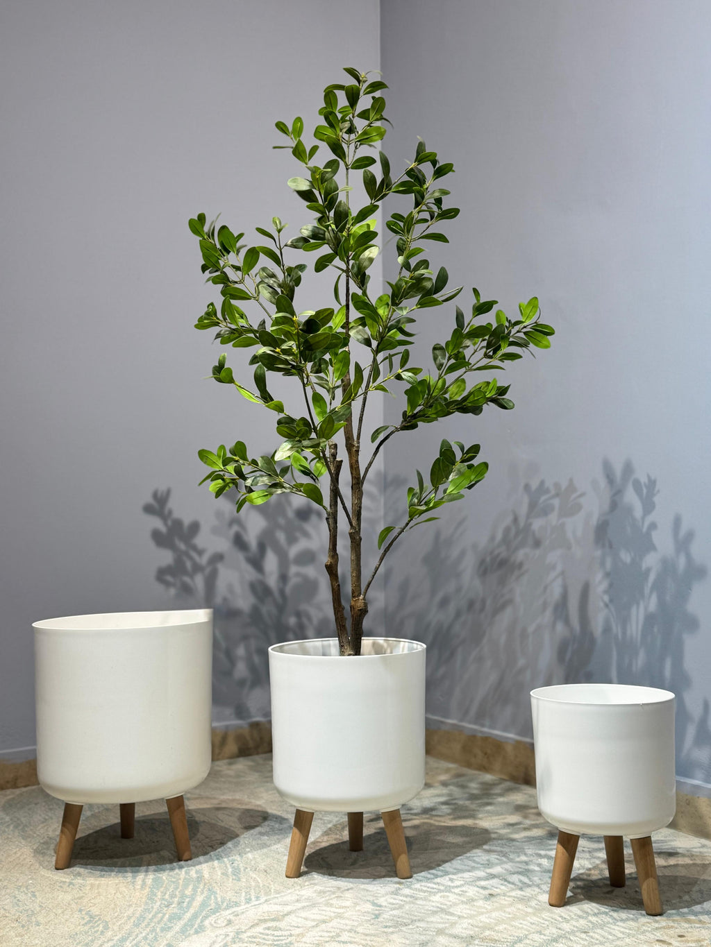 Tripod Planter with Wooden Legs – White – view 2